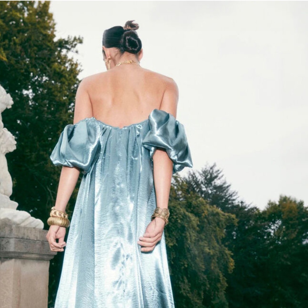 NWT Caroline Constas Palmer Strapless Metallic Blue/GreenDress Size Small